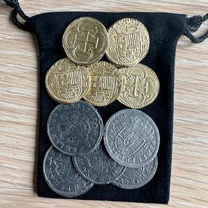 Pirate Treasure Coins Pieces of Eight 5 Gold Doubloons & 5 Silver 2 Reales in Gift Bag