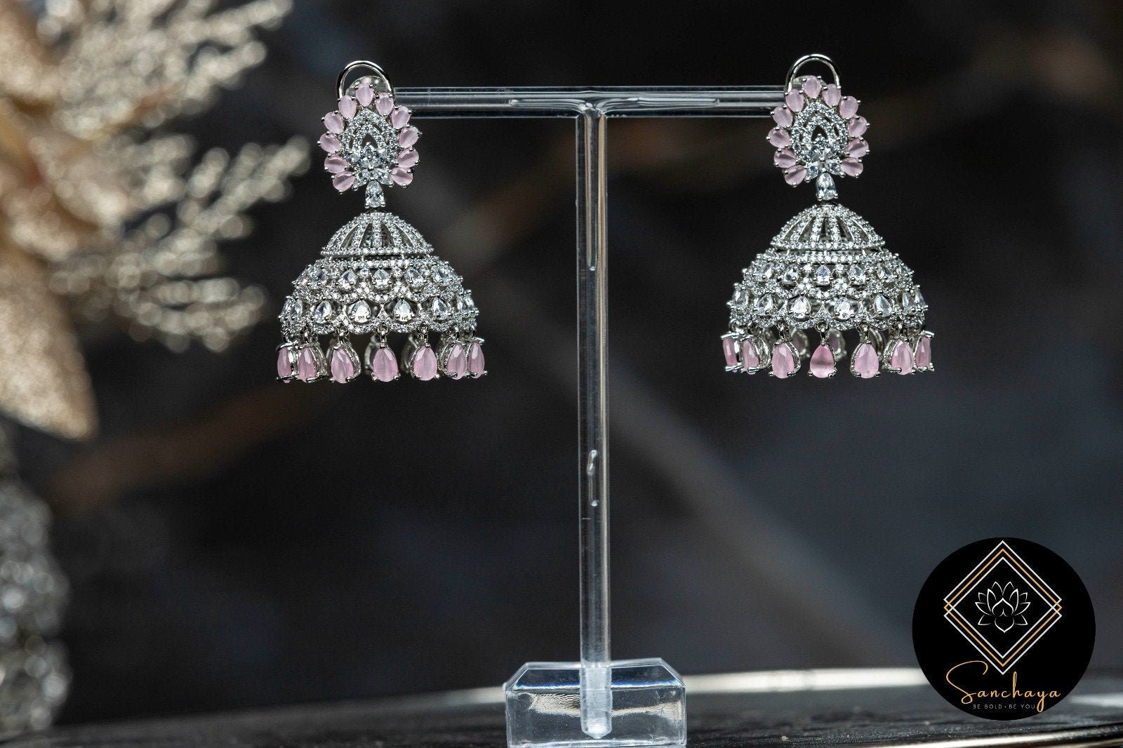 Cz Jhumkis With Rhodium Plating AD Jhumkis CZ Pink Jhumkas ...