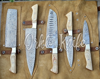 Handmade Damascus Chef Knife Set of 5Pcs With Brown Pakka Wood and Brass Gift for Husband Kitchen Knife Groomsmen Gift Lover Gift for dad