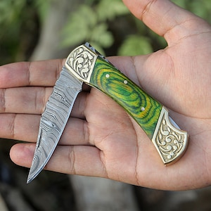 Handmade Damascus Pocket knife Green Dollar sheet Handle Birthday Gift Back Lock Folding knife Groomsmen Gift Personalized Men Gift For Men