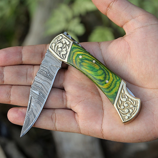 Couteau de poche damas fait main, feuille d'un dollar vert, poignée, cadeau d'anniversaire, cadenas arrière, couteau pliant, cadeau de garçons d'honneur, cadeau homme personnalisé pour homme