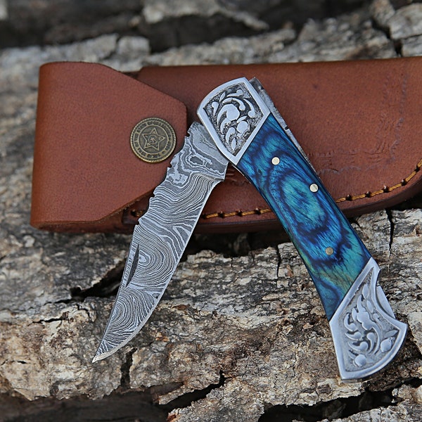 Back Lock Handmade Damascus Steel Pocket Knife Blue Wood Handle Groomsmen Gift Folding Knife Birthday Gift For Husband Gift For Dad Son