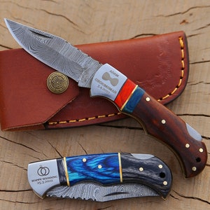 Personalized Gift For Groomsman Handmade Damascus Steel Pocket Knife Gift For Boyfriend Folding Knife Wedding Anniversary Birthday Gift Love
