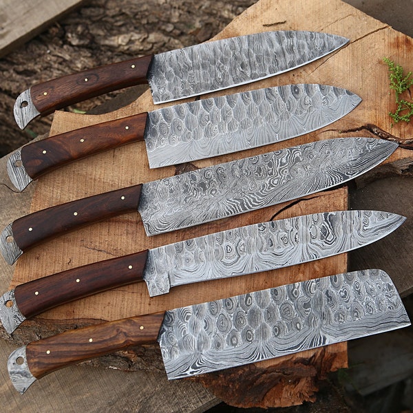 Handmade Damascus Chef Knife Set Of 5 PCS With Rosewood Handle Kitchen Knife Groomsmen Gift wedding Anniversary Gift For Husband Dad & Son