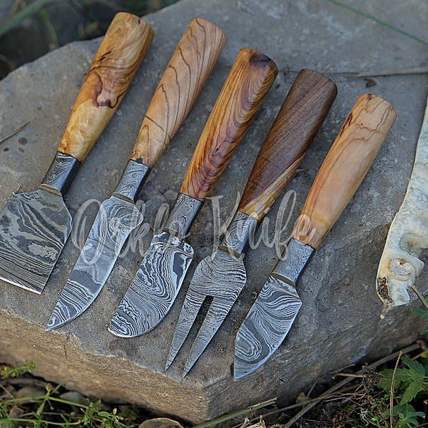 Handmade Damascus Cheese Knife Set of 5 Pcs With Olivewood Handle Birthday Gift Steak Knife Groomsmen Gift Thanksgiving Gift For Husband