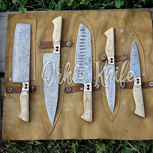 Handmade Damascus Chef Knife Set of 5Pcs With Brown Pakka Wood and Brass Gift for Husband Kitchen Knife Groomsmen Gift Lover Gift for dad image 1