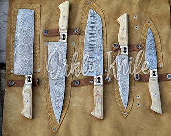 Handmade Damascus Chef Knife Set of 5Pcs With Brown Pakka Wood and Brass Gift for Husband Kitchen Knife Groomsmen Gift Lover Gift for dad