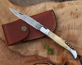 Handmade Damascus Steel Folding Knife White Handle Birthday Gift Pocket Knife Groomsman Wedding Anniversary Gift For Him & Dad