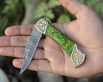 Handmade Damascus Pocket knife Green Dollar sheet Handle Birthday Gift Back Lock Folding knife Groomsmen Gift Personalized Men Gift For Men