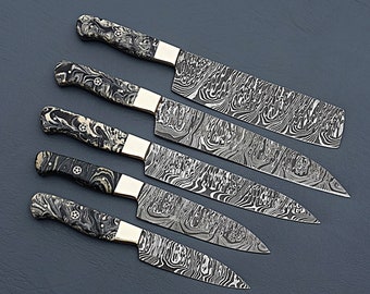 Handmade Damascus chef knife set of 5 pcs with Multi color Resin Handle Gift for Father Kitchen Knife Groomsmen Gift Lover Gift Outdoor kit