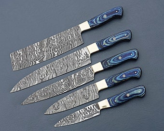Handmade Damascus Chef Knife Set Of 5 Pcs With Blue Dollar Sheet Handle Father's Day Gift Kitchen Knife Groomsmen Gift BBQ Gift For Husband
