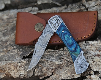 Back Lock Handmade Damascus Steel Pocket Knife Blue Wood Handle Groomsmen Gift Folding Knife Birthday Gift For Husband Gift For Dad Son