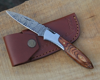 Handmade Damascus Pocket Knife With Brown Pakka Wood Handle Birthday Gift Folding Knife Groomsmen Gift Anniversary Gift For Men & Husband