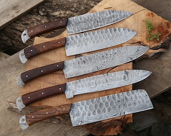 Ensemble de 5 couteaux de chef damas faits main avec manche en palissandre, couteau de cuisine pour garçons d'honneur, cadeau d'anniversaire de mariage pour mari, père et fils