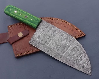 Handmade Damascus Serbian Chef Knife Big Chopper With Green Dollar Sheet Handle Birthday Gift Kitchen Knife Fathers Day Gift-Gift for Wife