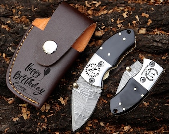 Handmade Damascus Mini Pocket Knife Black Horn Handle Small Folding Knife Groomsmen Gift Anniversary gift Wedding Personalized Gift for Men