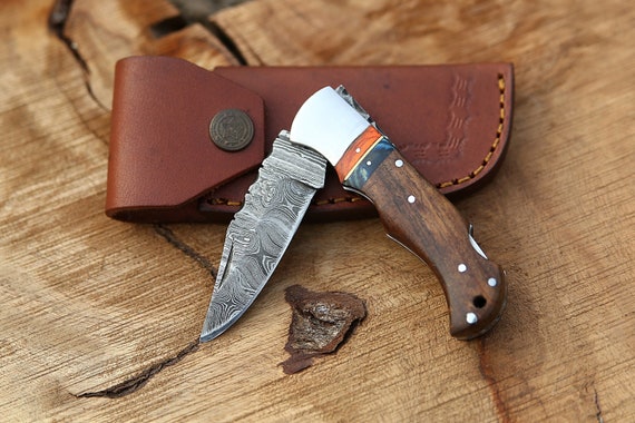 Handmade Damascus Pocket Knife Rose Wood Handle Birthday Gift