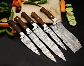 Handmade Damascus Steel Chef Knife Set Of 5 Pcs Rosewood Handle Gift For Father Kitchen Knife Groomsmen Wedding Gift For Him Gift for Mother