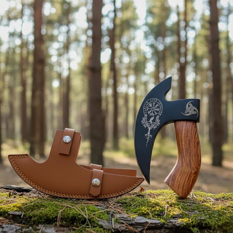 May include: A black axe with a wooden handle and a brown leather sheath. The axe head features a compass design and a decorative symbol. The sheath has two silver button closures. The axe is displayed outdoors.