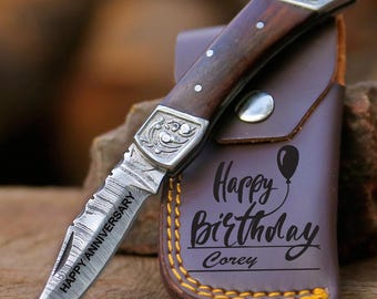 Handmade Damascus Pocket Knife Rose Wood Handle Birthday Gift Folding Knife Groomsmen Anniversary Gift Personalized Gift for Boy friend Love