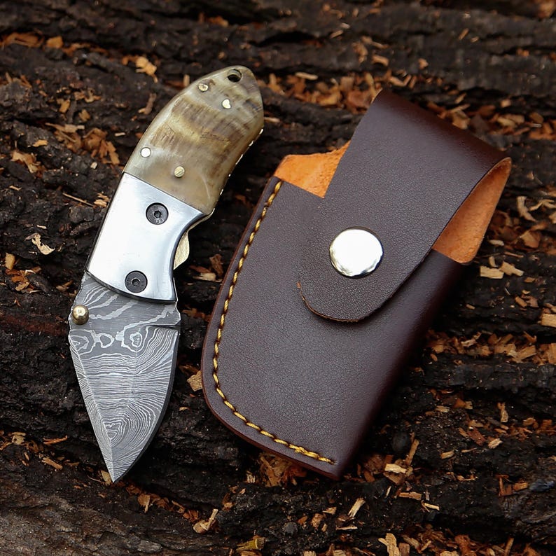 May include: A small folding knife with a patterned blade and a horn handle, next to a brown leather sheath. The knife has a silver bolster and is set against a textured wood background. The sheath has a snap closure.