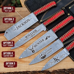 May include: Five kitchen knives with Damascus steel blades and red patterned handles. The blades feature custom engravings: the name JACKSON, WILLIAM with flourishes, HUNTER with a mountain icon, a custom logo, and the initials JK with decorative swirls.