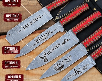 May include: Five kitchen knives with Damascus steel blades and red patterned handles. The blades feature custom engravings: the name JACKSON, WILLIAM with flourishes, HUNTER with a mountain icon, a custom logo, and the initials JK with decorative swirls.