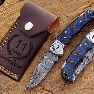Personalized Handmade Damascus Steel Pocket Knife Blue Handle Best dad Gift for Men Folding Knife Groomsmen 11 year Anniversary Husband Gift Blue+Gray