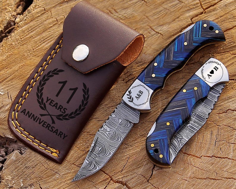 Personalized Handmade Damascus Steel Pocket Knife Blue Handle Best dad Gift for Men Folding Knife Groomsmen 11 year Anniversary Husband Gift Blue+Gray