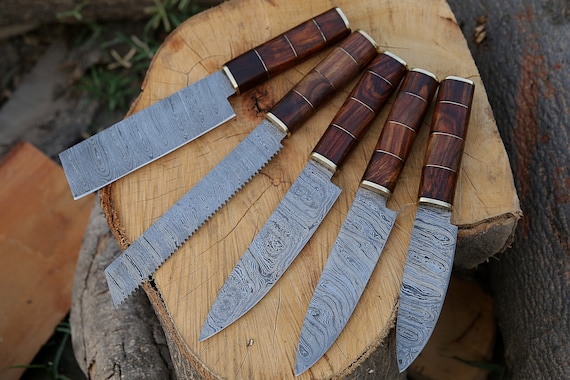 Handmade Damascus Chef Knife Set of 5 PCS Rosewood Handle Gift for Men  Birthday Anniversary Wedding Gift for Husband Gift for Dad & Son 