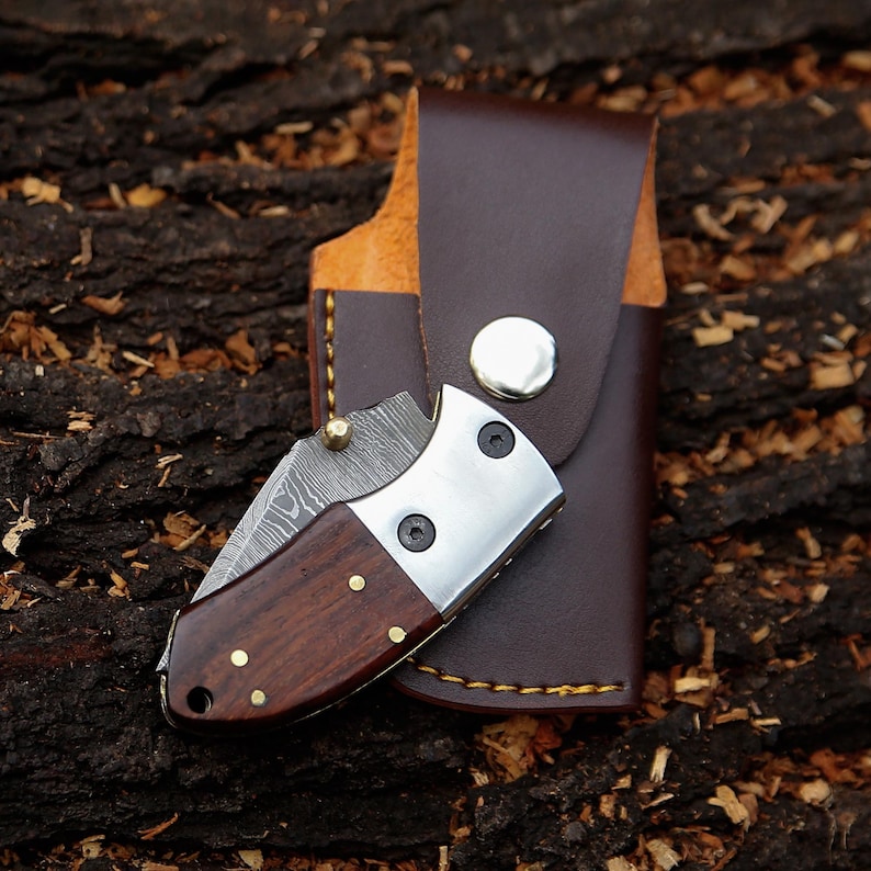 May include: A small, folding pocket knife with a dark wood handle and a silver blade, resting next to a brown leather sheath. The knife features brass rivets and a decorative pattern on the blade. The sheath has a snap closure.
