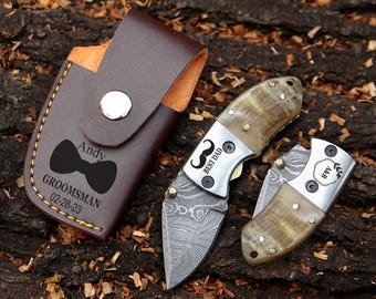 Handmade Damascus Mini Pocket Knife Ram Horn Small Folding Knife Groomsmen Gift Anniversary gift for Husband Personalized Father day Gift