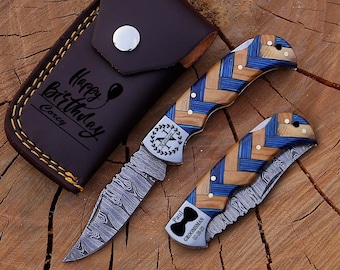Handmade Damascus Pocket Knife Blue Wood Handle Birthday Gift Folding Knife Groomsmen Gift Anniversary Fathers day Personalized Gift for Men