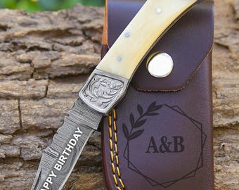 Handgefertigtes Damast Taschenmesser Weißer Griff Geburtstagsgeschenk Klappmesser Trauzeugen Jubiläum Geschenk für Freund Liebe