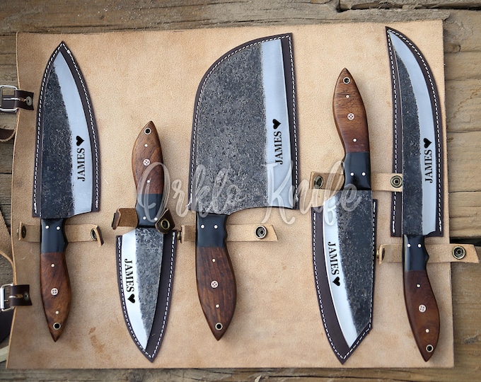 Handmade High Carbon Steel Chef Knife Set Of 5 Pcs Rosewood Black Resin Handle Gift For Father Kitchen Knife Groomsmen Wedding Gift For Him