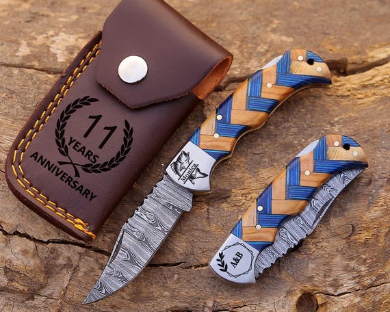 Personalized Handmade Damascus Steel Pocket Knife Blue Handle Best dad Gift for Men Folding Knife Groomsmen 11 year Anniversary Husband Gift
