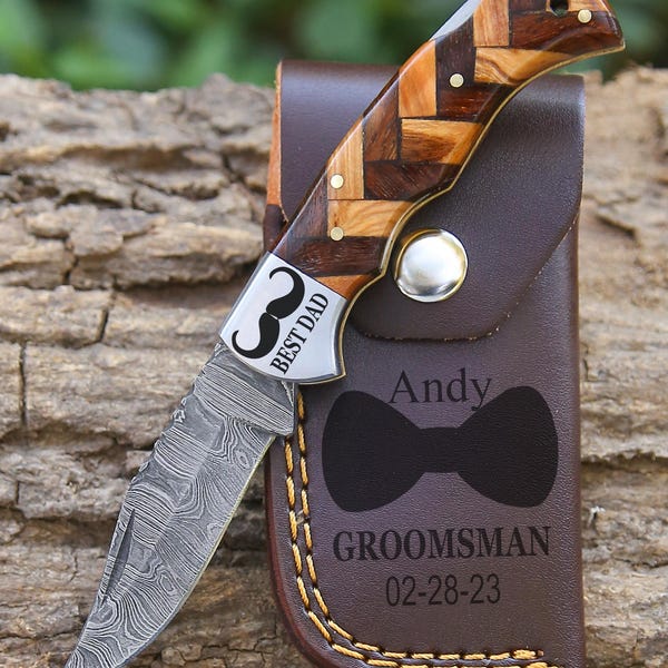 Navaja de bolsillo de Damasco hecha a mano con mango de madera de palisandro, regalo de cumpleaños, navaja plegable, regalo para padrinos de boda, regalo personalizado para aniversarios y bodas.