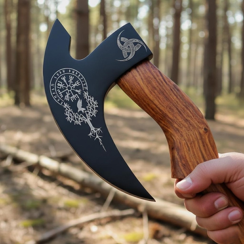 May include: A black axe with a wooden handle. The axe head features engraved Viking symbols, including a compass rose, a tree, and a knot design. The handle is made of wood with a natural grain.