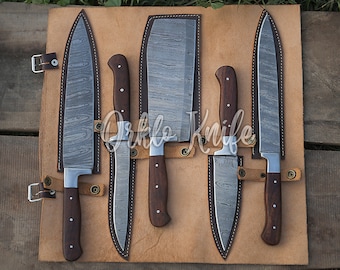 Handmade Damascus Steel Chef Knife Set Of 5 Pcs Rosewood Handle Gift For Father Kitchen Knife Groomsmen Wedding Gift For Him Gift for Mother