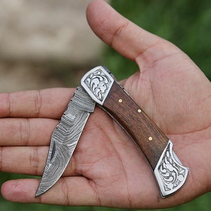 Handmade Damascus Pocket Knife Rose Wood Handle Birthday Gift Folding Knife Groomsmen Anniversary Gift Personalized Gift for Boy friend Love image 10