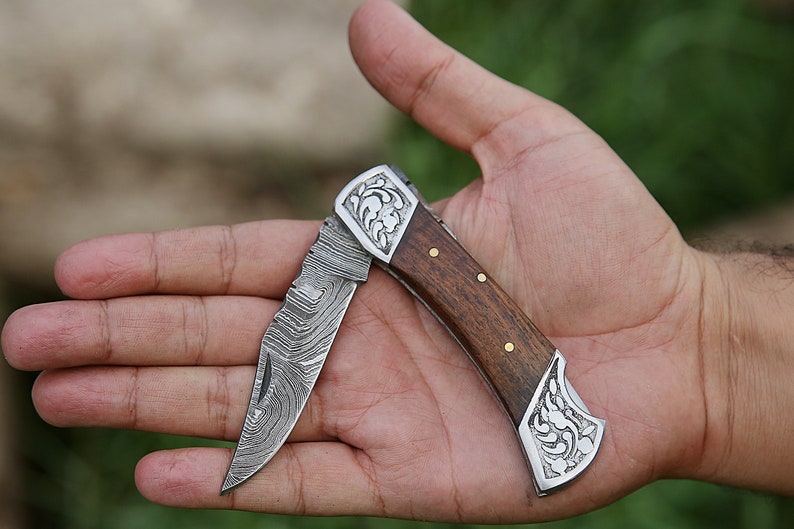 Handmade Damascus Pocket Knife Rose Wood Handle Birthday Gift Folding Knife Groomsmen Anniversary Gift Personalized Gift for Boy friend Love image 10