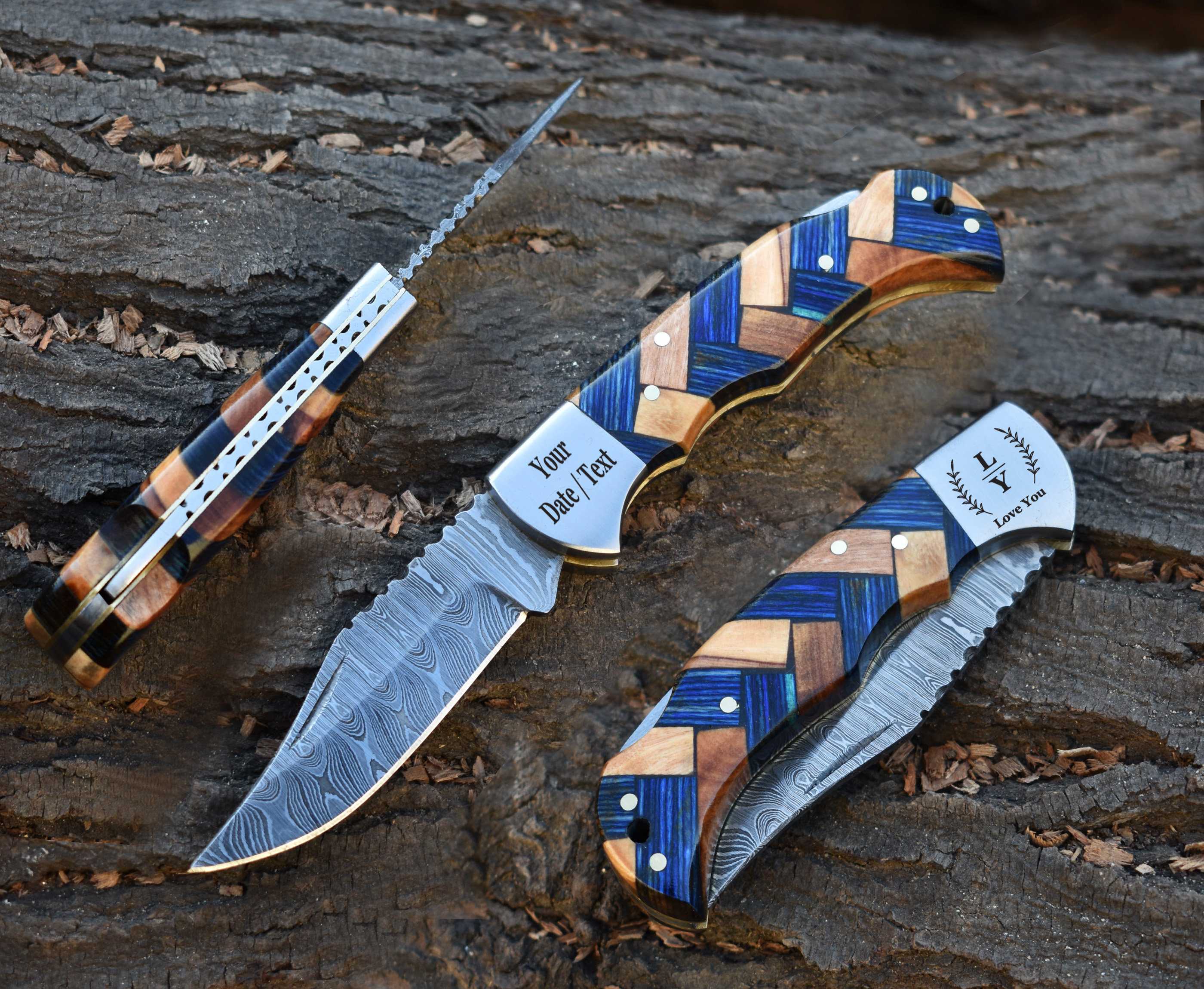 Handgemachtes Damast-Taschenmesser mit Olivenholzgriff, Geburtstagsgeschenk, Klappmesser, Bräutigamsmann-Geschenk, Jahrestag, Hochzeit, personalisiertes Geschenk für Männer