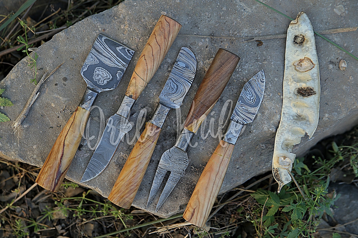 Handmade Damascus Cheese Knife Set of 5 Pcs With Olivewood Etsy