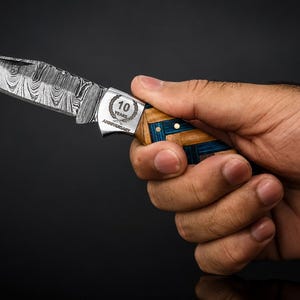 Personalized Handmade Damascus Steel Pocket Knife Blue Handle Best dad Gift for Men Folding Knife Groomsmen 11 year Anniversary Husband Gift image 4