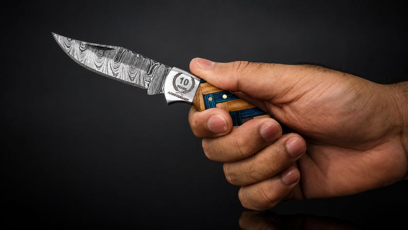 Personalized Handmade Damascus Steel Pocket Knife Blue Handle Best dad Gift for Men Folding Knife Groomsmen 11 year Anniversary Husband Gift image 4