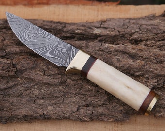 Handmade Damascus Steel Skinner Knife White Handle Hunting Knife Birthday Gift Wedding Anniversary Gift for Men Gift For Husband Dad Outdoor