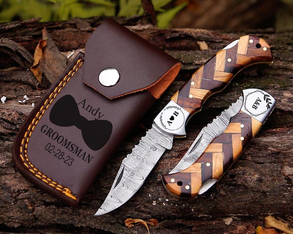 Custom Engraved Pocket Knife Olive & Rose Wood Handle Folding Knife 8 Anniversary Gift Groomsman Gift for him Wedding Gi