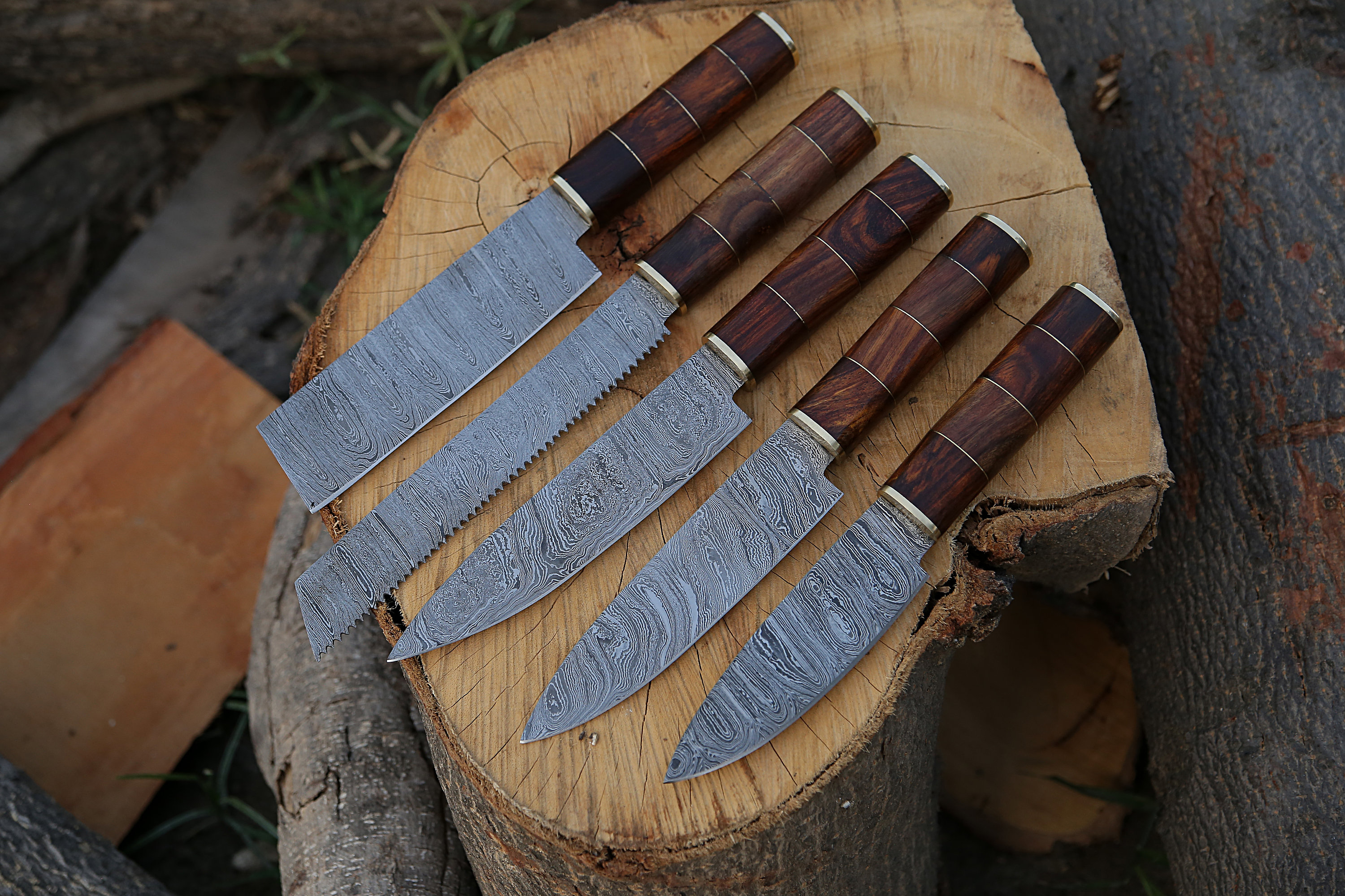 Damascus Chef Knives with Rosewood Handles – 5 Knife Set