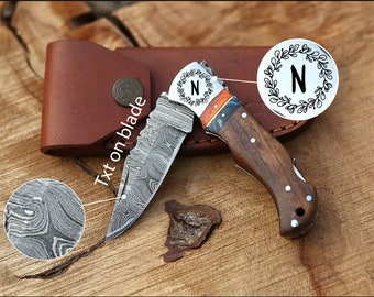 Handmade Damascus Pocket Knife Rose Wood Handle Birthday Gift Folding Knife  Groomsmen Gift Anniversary Wedding Personalized Gift for Men 