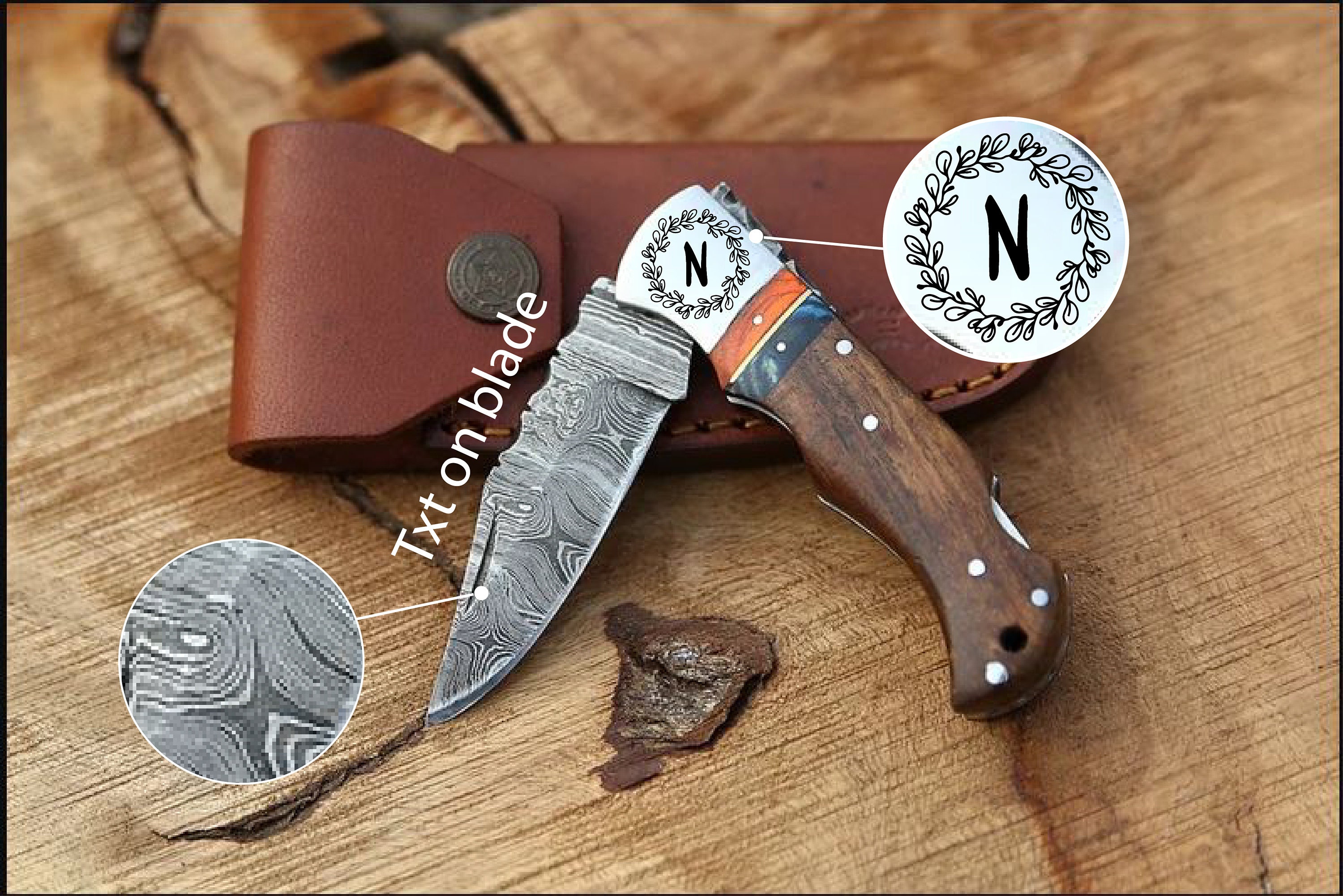 Handmade Damascus Pocket Knife Rose Wood Handle Birthday Gift Folding Knife  Groomsmen Gift Anniversary Wedding Personalized Gift for Men 